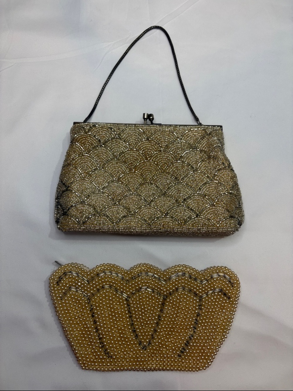 Pair of Vintage Beaded Clutch Bags, Mini Clasp and Butterfly Zipper Gold It Girl